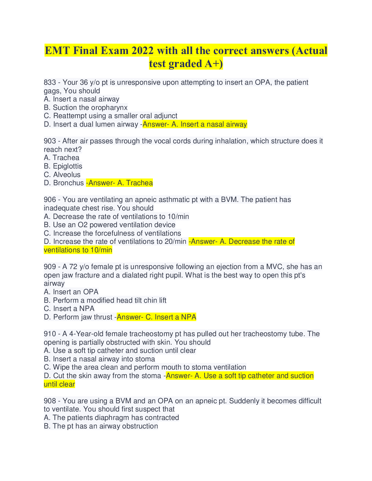 Preview image for EMT Final Exam 2022 with all the correct answers(Actual test graded A+)